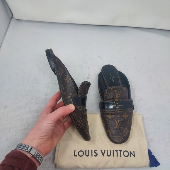 Louis Vuitton LV Monogram Slip on Backless Brown Black Mule Shoe - Picture 1 of 10
